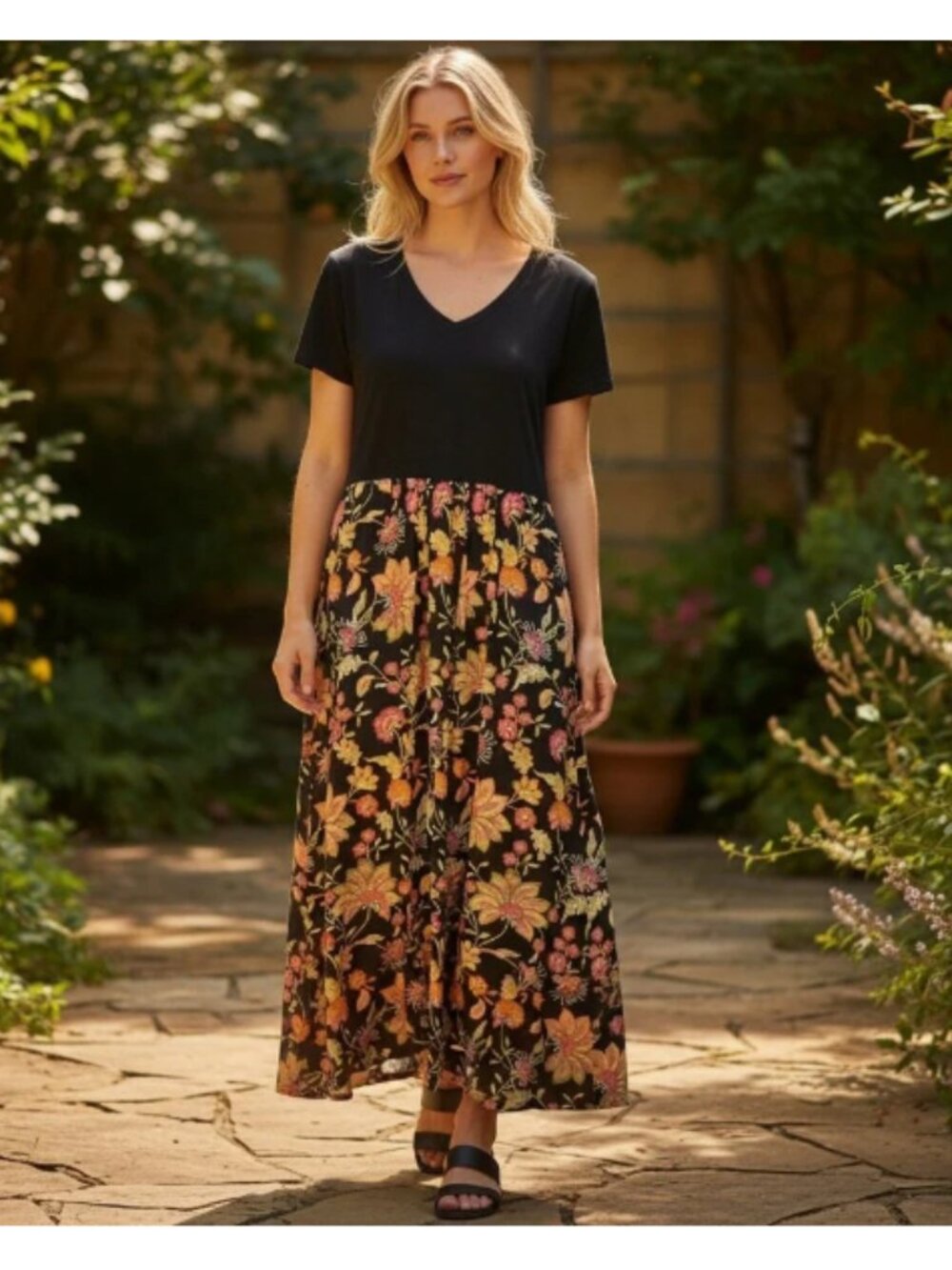 New J Jill V Neck Short Sleeve Black Floral Contrasting Print Maxi Dress Size M